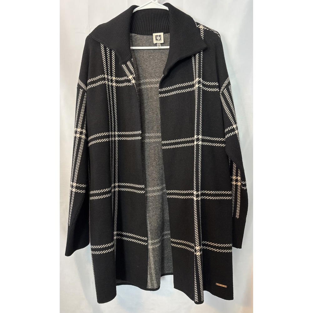 Anne Klein Long Sleeve Collared Plaid Open-Front Long Cardigan Viscose Blend L